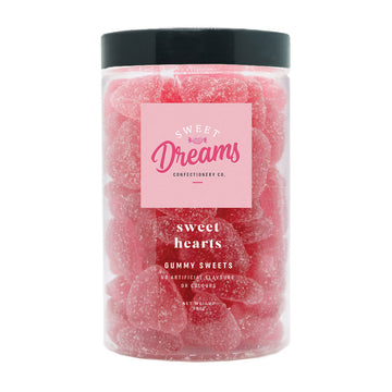 A clear jar filled with heart shaped lollies and the heading 'sweet hearts'.