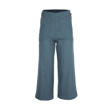 Front view of a pair of canvas pants in teal blue.