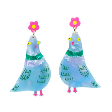 Colorful pigeon-shaped earrings with flower accessories on a white background.
