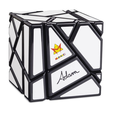 A puzzle cube featuring different shapes in white.