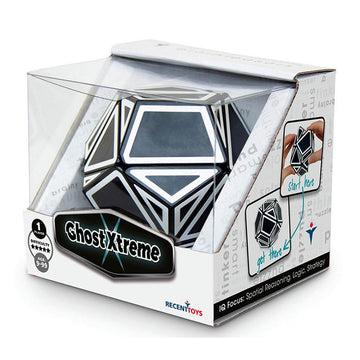 A puzzle cube inside a clear box. The puzzle is a dodecahedron shape in black with white edges.