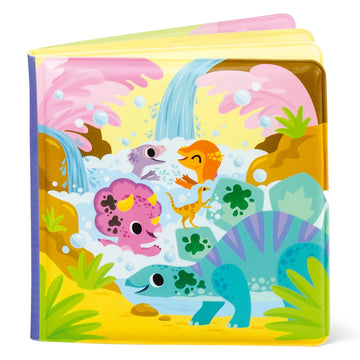 A bath book with illustrations of dinosaurs in water and covered in messy spots.