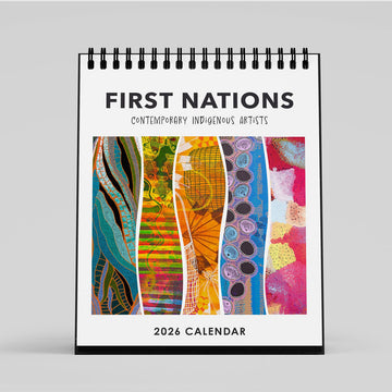 2026 desk calendar titled 'First Nations Contemporary Indigenous Artists' with colorful abstract patterns on a white background.