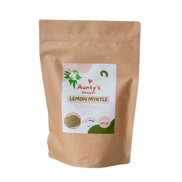 A brown packet with a sticker titled 'Aunty's Damper Lemon Myrtle Playdough Mix'.