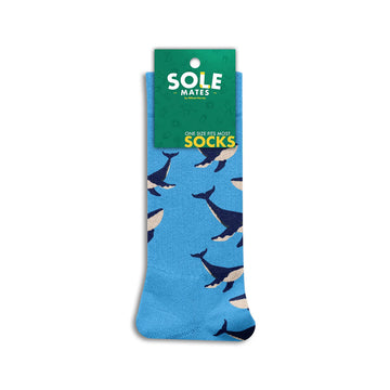 Blue socks with whale pattern on a white background.
