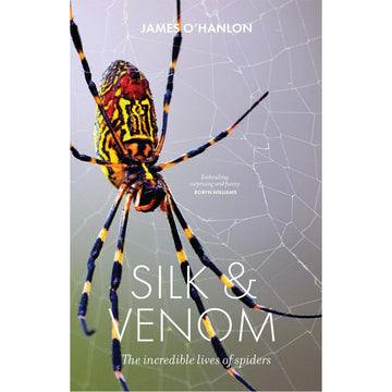 'Silk & Venom' book cover featuring a close up photo of a spider on a spiderweb.