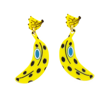 Banana-shaped earrings on a white background.
