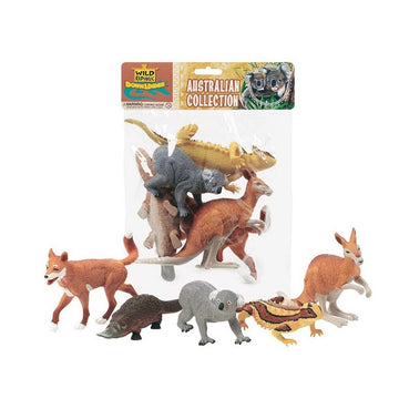 An image of a bag of Australian animals with the animals also standing in the front of the bag.