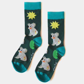 A pair of dark green socks with an teal blue heel, toe and cuff illustrated with koalas.