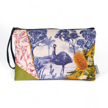 Front view of a cotton clutch purse illustrated with an emu, birds and flowers.