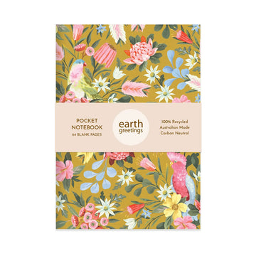 Floral notebook with 'earth greetings' branding on a white background.