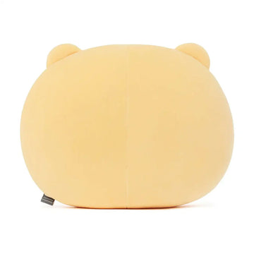 Yellow plush toy with a cartoon face on a white background.