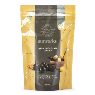 A yellow and brown packet with the heading 'Nutworks Dark Chocolate Ginger' and a photo of chocolate covered ginger pieces.