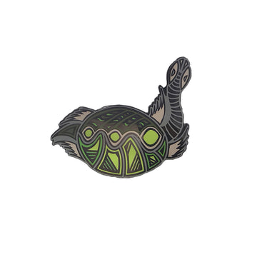 An enamel pin shaped like a long neck turtle.