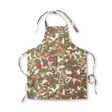 An apron lying flat illustrated with fruits and leaves.