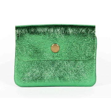 Green metallic clutch bag with a gold button on a white background.