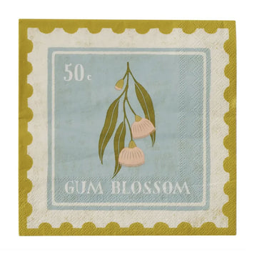 A stamp design of a gum blossom flower on a square paper napkin.