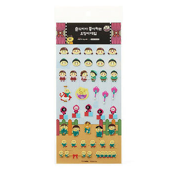 Sheet of colorful stickers with cartoon characters on a white background.