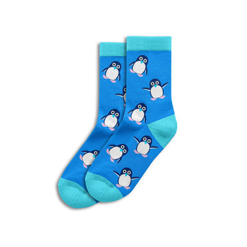 Blue socks with penguin design on a white background.