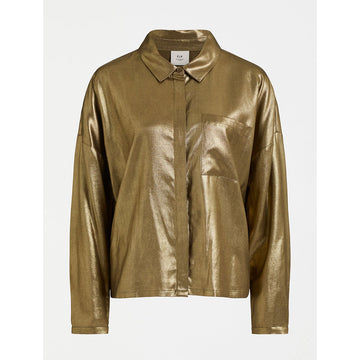 A gold metallic women's shirt with a matching front pocket.