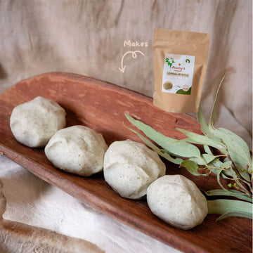 A brown packet with a sticker titled 'Aunty's Damper Lemon Myrtle Playdough Mix'.