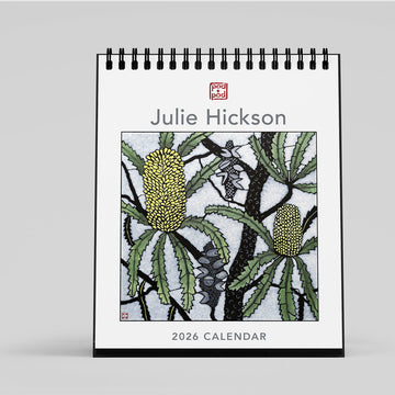 2026 Julie Hickson calendar with botanical illustration on a grey background.