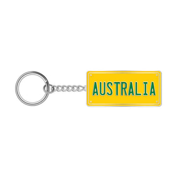 Yellow keychain with 'AUSTRALIA' text on a white background.