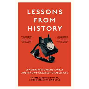 'Lessons from History' book cover featuring a photo of an old fashioned phone on an orange background.