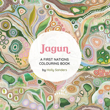 'Jagun' book cover featuring pastel coloured Indigenous art with the book title written in a white circle in the middle.