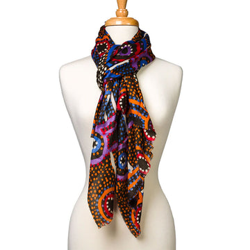 A woollen scarf with artwork by Watson Robertson wrapped around the neck of a mannequin.