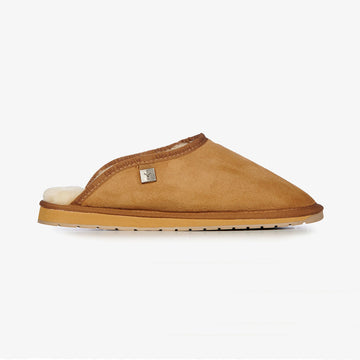 Light brown sheepskin slipper with a white sole on a light gray background.