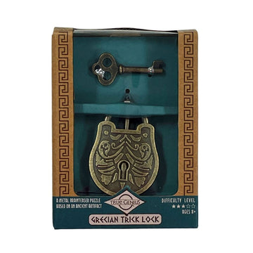 A box with an open front showing a lock and key inside and the heading 'Grecian Trick Lock' at the bottom.