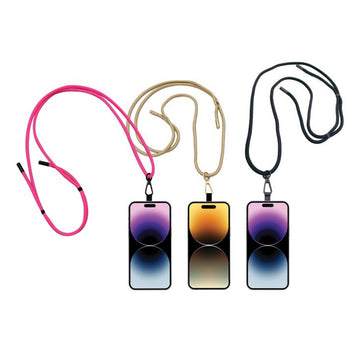 Three different coloured lanyards attached to phones.