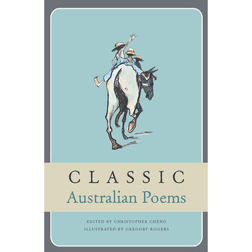Book cover of 'Classic Australian Poems' with illustration of a person riding a horse on a light blue background.