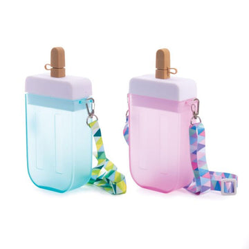 Two popsicle shaped drink bottles in blue and pink with colourful straps attached.