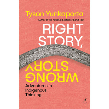'Right Story, Wrong Story' book cover featuring an image of a curved stick on a light orange background.
