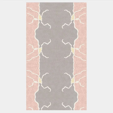 A silk scarf printed with a grey and pink pattern in a flowing shape.