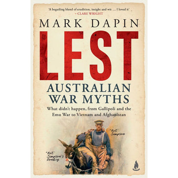 'Lest Australian War Myths' book cover featuring a painting of a man standing next to a donkey.