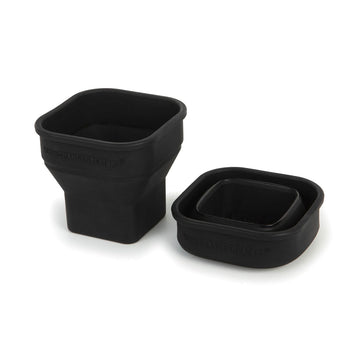 A collapsible cup shown in black in both its full form and collapsed form.