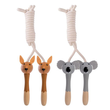 Two skipping ropes pictured, one with koala shaped handles and one with kangaroo shaped handles.