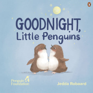 Book cover of 'Goodnight, Little Penguins' with an illustration of two penguins on a blue background.