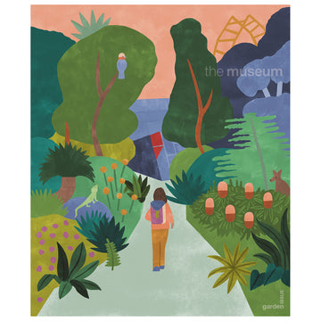 Front cover of the Museum magazine featuring an illustration of a person walking through a leafy garden with a kangaroo, lizard and bird visible with the National Museum's loop in the backgroud.