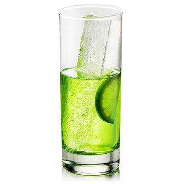 A black silicone mould tray with eight rectangle shaped moulds and a white product card over the top with the text 'Drinks Plinks Ice Shapes with Attitude'.