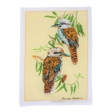 Tea towel with illustration of two kookaburras on a branch.