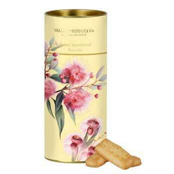 A tube illustrated with gumnut flowers and three shortbread biscuits next to the tube.