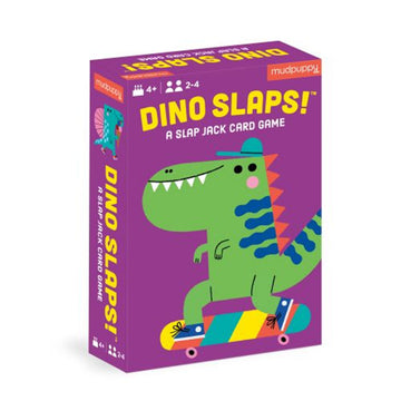 A card game box titled 'Dino Slaps!' with an illustration of a green dinosaur riding a skateboard.