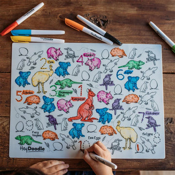 Reusable silicone mat with colorful markers and an Aussie Animals coloring sheet on a beige background.