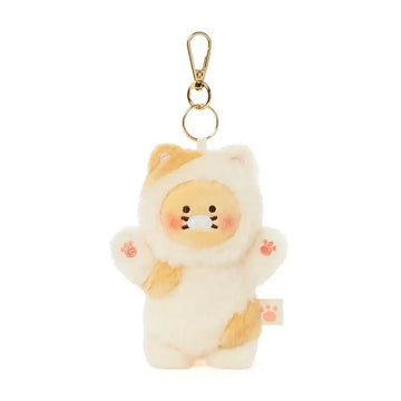 Plush keychain of a cute character in a cat outfit with a gold clip on a white background