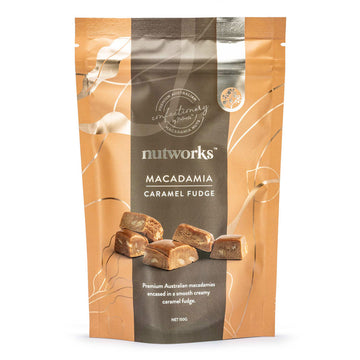 An orange brown packet with the heading 'Nutworks Macadamia Caramel Fudge' and a photo of pieces of fudge.