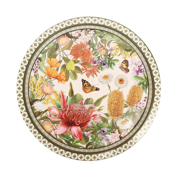Decorative round tin plate with floral and butterfly design on a white background